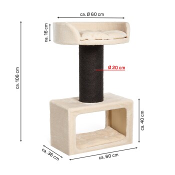 Katzenbaum mit einer plüschigen oberen Liegefläche, einem mit Sisal umwickelten Kratzbaum und einer gemütlichen würfelförmigen Basis, 106 cm hoch und 60 cm breit.