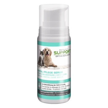 Dental care serum for pets, featuring a golden retriever and a cat on the label, with text in multiple languages.