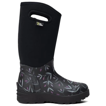 Schwarzer wasserdichter Stiefel mit floralem Muster, mit einer strukturierten Sohle und einem Griff für einfaches Anziehen.
