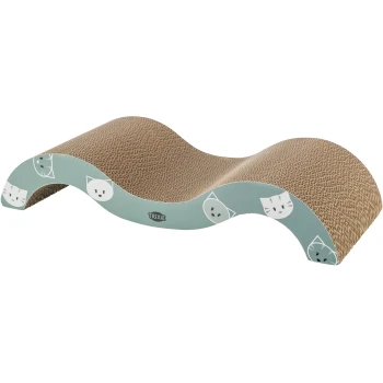 Gekrümmter Katzenkratzbaum mit einer strukturierten Oberfläche, dekoriert mit verspielten Katzenkopfdesigns, markiert mit 'TRIXIE.'