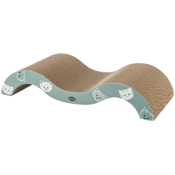 Poteau à gratter pour chat courbé avec une surface texturée, décoré de designs de visages de chat joueurs, marqué "TRIXIE."