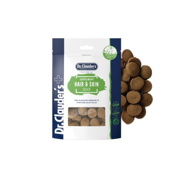 Dr. Clauder's Hair & Skin Supplement Snack für Haustiere, mit sichtbaren runden braunen Leckerlis und Verpackungsdetails.