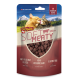 Opakowanie karmy dla zwierząt z dwoma kotami na malowniczym tle, oznaczone "DeliBest Soft Meaty Rind/Beef," podkreślające "Świeże mięso," "Bez cukru," "Bezglutenowe."