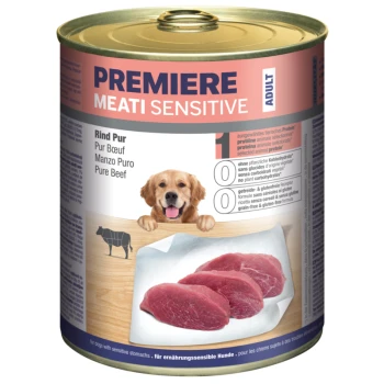 Nourriture pour chiens en conserve étiquetée "Premiere Meati Sensitive" avec de la viande de boeuf pure, avec des images de morceaux de boeuf cru et une illustration de chien.