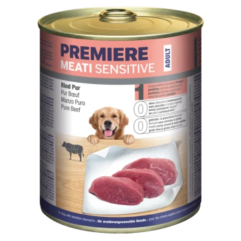 Dosenfutter für Hunde mit der Bezeichnung "Premiere Meati Sensitive", das reines Rindfleisch zeigt, mit Bildern von rohen Rindfleischstücken und einer Hundillustration.