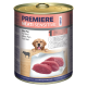 Dosenfutter für Hunde mit der Bezeichnung "Premiere Meati Sensitive", das reines Rindfleisch zeigt, mit Bildern von rohen Rindfleischstücken und einer Hundillustration.