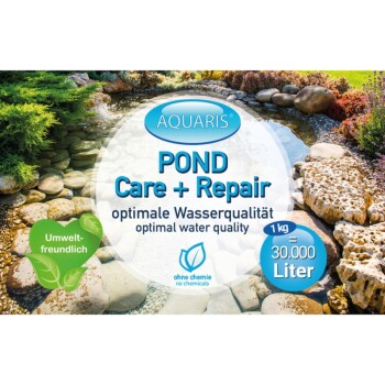 Das AQUARIS POND Pflege + Reparatur Etikett zeigt einen ruhigen Teich mit Steinen und Pflanzen und besagt "optimale Wasserqualität" und "1 kg = 30.000 Liter."