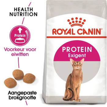 Royal Canin Protein Exigent kattenvoerzak met een bruine kat, met tekst die de voorkeur voor eiwitten en de aangepaste brokjesgrootte benadrukt.