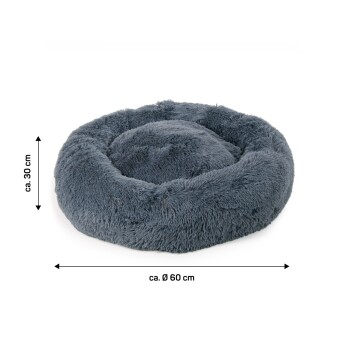 Runder, plüschiger Haustierbett in Dunkelgrau, mit einer Höhe von etwa 30 cm und einem Durchmesser von 60 cm.