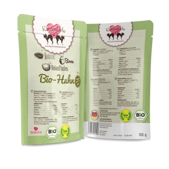 Adult 15x100g Bio Huhn Verpackung für biologisches Katzenfutter mit der Aufschrift "Bio-Huhn," das Quinoa, Birne und Kokosflocken zeigt, mit Nährwertangaben und Zertifizierungen.