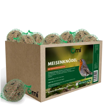 Schachtel Orni Meisenknödel Vogelfutterbällchen mit Sonnenblumenkernen, 100 Stück, je 95 g, mit Rotkehlchenbild.