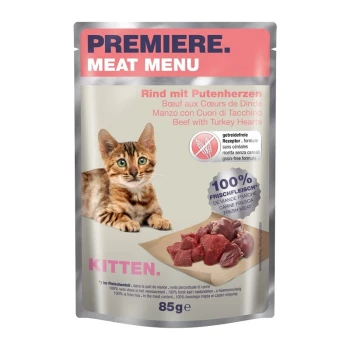 Meat Menu Kitten z wołowiną i sercami indyczymi 12x85 g Opakowanie karmy dla kotów z kociakiem, z tekstem 'Premiere Meat Menu', 'Wołowina z sercami indyka' i '100% świeżego mięsa'.