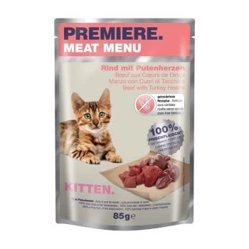Katzenfutterverpackung mit einem Kätzchen, mit Text, der "Premiere Fleischmenü," "Rind mit Truthahnherzen" und "100 % frisches Fleisch" angibt.