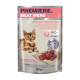 Katzenfutterverpackung mit einem Kätzchen, mit Text, der "Premiere Fleischmenü," "Rind mit Truthahnherzen" und "100 % frisches Fleisch" angibt.