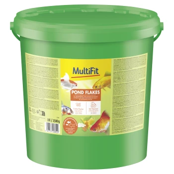 Grüner Eimer MultiFit Pond Flakes Fischfutter für Zierfische im Teich, 10L/1500g, mit Bildern bunter Fische auf dem Etikett.
