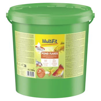 Grüner Eimer MultiFit Pond Flakes Fischfutter für Zierfische im Teich, 10L/1500g, mit Bildern bunter Fische auf dem Etikett.