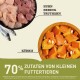 Bild von Haustierfutter-Zutaten mit rohem Huhn, Hering, Truthahn und Kürbis, mit dem Text "70% Zutaten von kleinen Futtertieren."