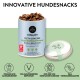 Innovative Verpackung für Haustiersnacks mit "Puja Dog Vitality Teeth Cracker" für gesunde Zähne und Verdauung, mit Huhn und Algen.