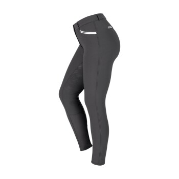 Schwarze Reitleggings mit hohem Bund, mit einem strukturierten Panel an der Seite und weißen Akzentstreifen.