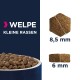 Hundefutter für kleine Rassen, mit Kibble-Größen von 8,5 mm und 6 mm, mit dem Text 'WELPE KLEINE RASSEN' deutlich sichtbar.