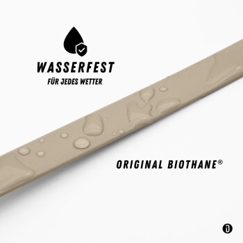 Beiger wasserdichter Biothane-Riemen mit Wassertropfen; sichtbarer Text 'WASSERFEST FÜR JEDES WETTER' und 'ORIGINAL BIOTHANE®'.