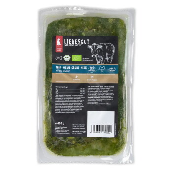 400 g LIEBESGUT BARF‑Menü 'Grüne Heide' Tiefkühlpackung grünes Bio-Hundefutter mit Kuh-Illustration und 'Mit Bio-Gemüse' Aufschrift