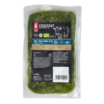 400 g LIEBESGUT BARF‑Menü 'Grüne Heide' Tiefkühlpackung grünes Bio-Hundefutter mit Kuh-Illustration und 'Mit Bio-Gemüse' Aufschrift