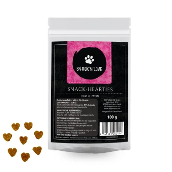 Snack'n'Love Snack-Herzen für Hunde, 100g-Packung, mit herzförmigen Leckerlis. Zutaten: 87% Schweinefleisch, Mineralien. Fütterungsempfehlungen enthalten.