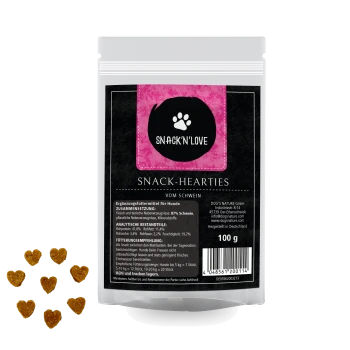 Snack'n'Love Snack-Hearties pour chiens, paquet de 100g, avec des friandises en forme de cœur. Ingrédients : 87 % de porc, minéraux. Recommandations d'alimentation incluses.
