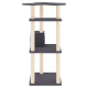 Katzenbaum mit drei Plattformen und Kratzpfosten, in einem dunkelgrauen und beigen Farbschema.