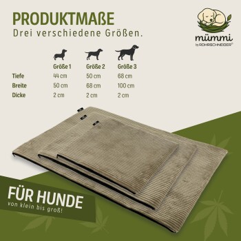Drei Größen beige Cord-Hundebetten mit Maßen in cm, beschriftet Größe 1, 2, 3, von Mümmi von Rohrschneider.
