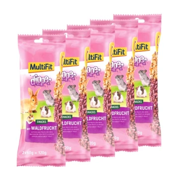Fünf Pakete MultiFit Dipper Snacks für kleine Haustiere, mit einem rosa Design und Bildern eines Kaninchens, Meerschweinchens und Chinchillas.