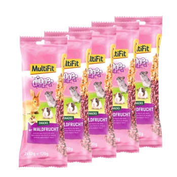 Fünf Pakete MultiFit Dipper Snacks für kleine Haustiere, mit einem rosa Design und Bildern eines Kaninchens, Meerschweinchens und Chinchillas.
