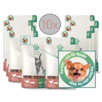 Zehn Packungen Fellicita-Leckerlis für Katzen und Hunde, mit einer Katze und einem Hund, und einem grünen Etikett "Perfekt auch für Hunde".