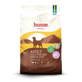 Hundefutterbeutel mit der Aufschrift "Optimal" für empfindliche Verdauungssysteme, mit einem Cartoon-Hund, 82% tierisches Protein und Taurin-Symbol.