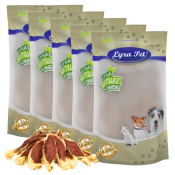Verpackung von Lyra Pet Hundeleckereien mit einem beigen Beutel und einem grünen "Lyra Nature Power"-Label sowie Bildern eines Hundes, einer Katze und eines Welpen.
