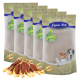 Verpackung von Lyra Pet Hundeleckereien mit einem beigen Beutel und einem grünen "Lyra Nature Power"-Label sowie Bildern eines Hundes, einer Katze und eines Welpen.