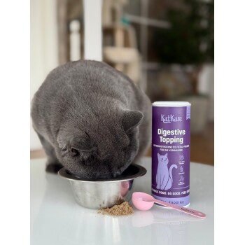Graue Katze mit dem Kopf in einer Metallschale neben einem violetten KatKare-Behälter mit der Aufschrift 'Digestive Topping', rosa Schaufel und Pulver.
