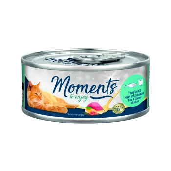 Cat food can featuring an orange cat, labeled "Moments to enjoy," with flavors of tuna and chicken with ham.