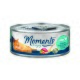 Boîte de nourriture pour chat avec un chat orange, étiquetée "Moments à savourer", avec des saveurs de thon et de poulet avec du jambon.
