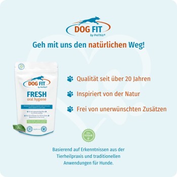 DOG FIT FRESH Mundhygiene-Pack für Hunde mit deutschem Text: natürlicher Slogan, Qualität seit über 20 Jahren, keine Zusatzstoffe, 100 % vegan.