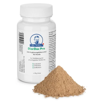 Weiße Flasche mit DiarDoc Pro Nahrungsergänzungsmittel für Hunde, 50g, mit probiotischen Ansprüchen und Anweisungen zur Stabilisierung der Verdauung.