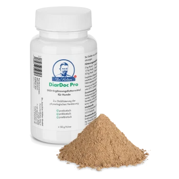 Weiße Flasche mit DiarDoc Pro Nahrungsergänzungsmittel für Hunde, 50g, mit probiotischen Ansprüchen und Anweisungen zur Stabilisierung der Verdauung.