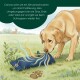 Blaues Stoff-Hundespielzeug mit Metallösen, grün geflochtenem Seil und grünem Kunststoffverschluss, beschriftet mit „Romney's“.
