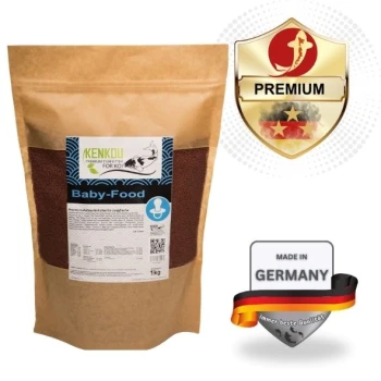 Kenkou Baby-Food für Koi in einer 1 kg schweren braunen Papiertüte, mit einem Premium-Qualitätsabzeichen und dem Etikett 'Made in Germany.'