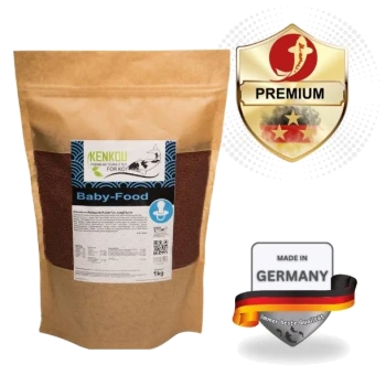 Kenkou Baby-Food für Koi in einer 1 kg schweren braunen Papiertüte, mit einem Premium-Qualitätsabzeichen und dem Etikett 'Made in Germany.'