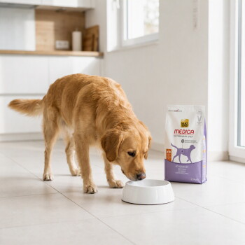 Golden retriever drinking from a white bowl in a bright kitchen beside a purple bag labeled "Medica Veterinary Diet" dog food.