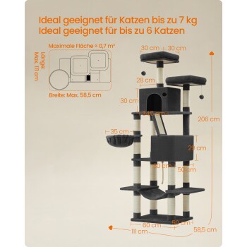 Katzenbaum geeignet für Katzen bis 7 kg, Platz für bis zu 6 Katzen, mit Abmessungen und Funktionen in orangefarbener Schrift beschriftet.