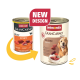 Zwei Dosen Animonda GranCarno Hundefutter für Erwachsene mit Ente, zeigen altes und neues Design mit einem „NEUES DESIGN“-Label.
