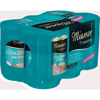 Trinkfein Vitaldrink Sixpack 6x135ml Thunfisch Sechserpack Miamor Trinkfein Vitaldrink für Katzen mit Thunfisch, mit Bildern einer Katze und einer Schüssel, beschriftet auf Deutsch.